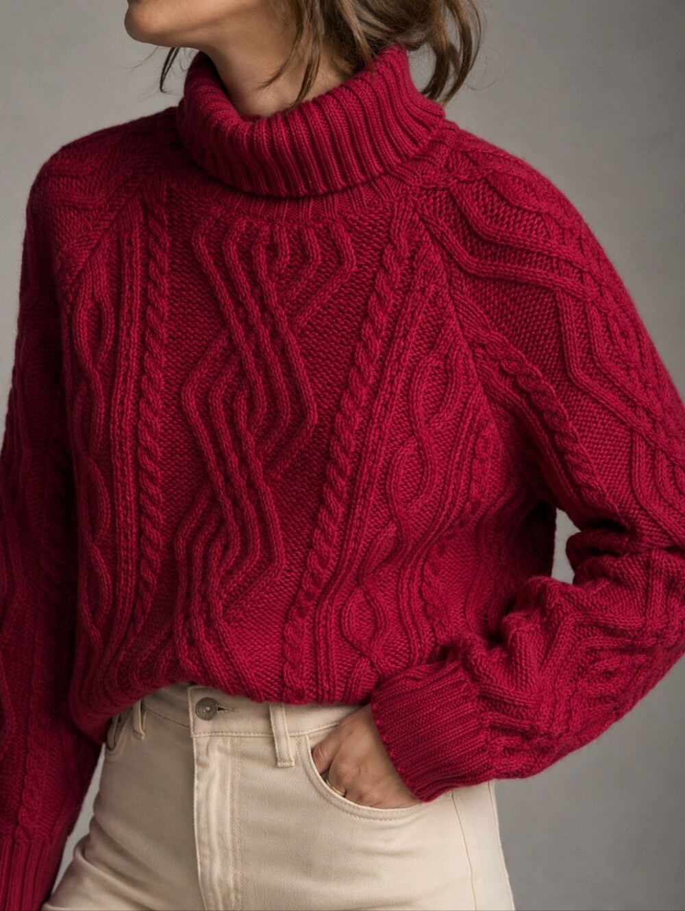 Paul James Red Wool Cable Knit Turtleneck Sweater England Womens Size Medium